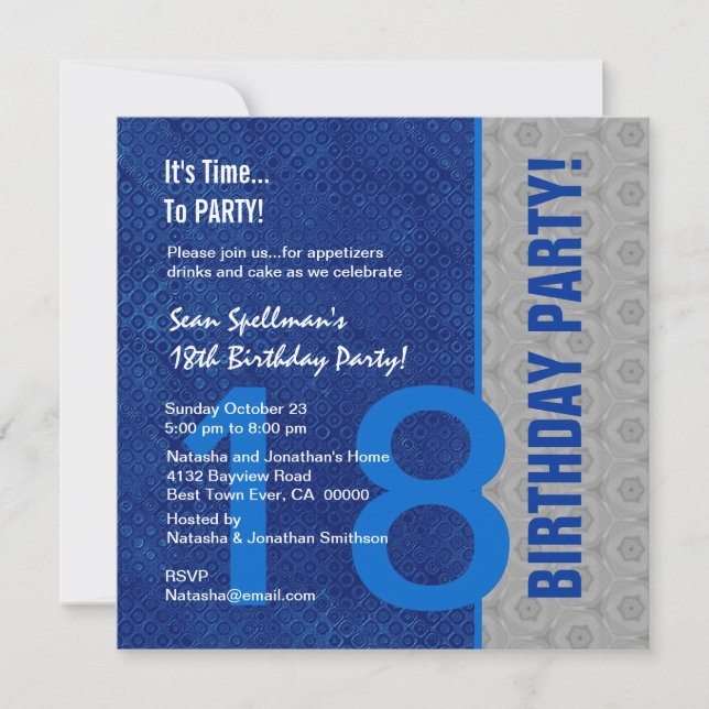 Invitation 18e anniversaire Moderne Bleu et Argent S306 (Devant)