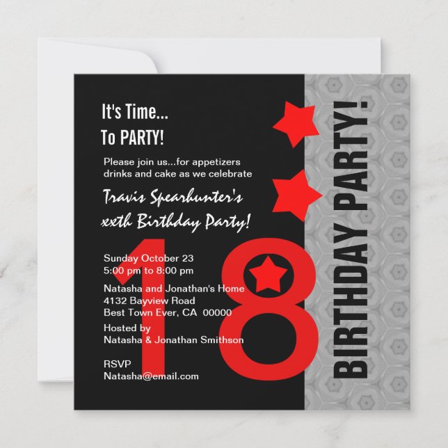 Invitation 18e anniversaire moderne rouge argent noir A12 rou (Devant)