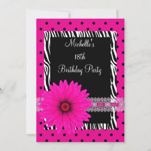 Invitation 18e anniversaire noir blanc Zèbre rose Fleur
