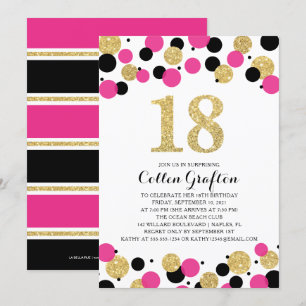 Invitation 18e anniversaire Noir Hot Pink Gold Parties scinti