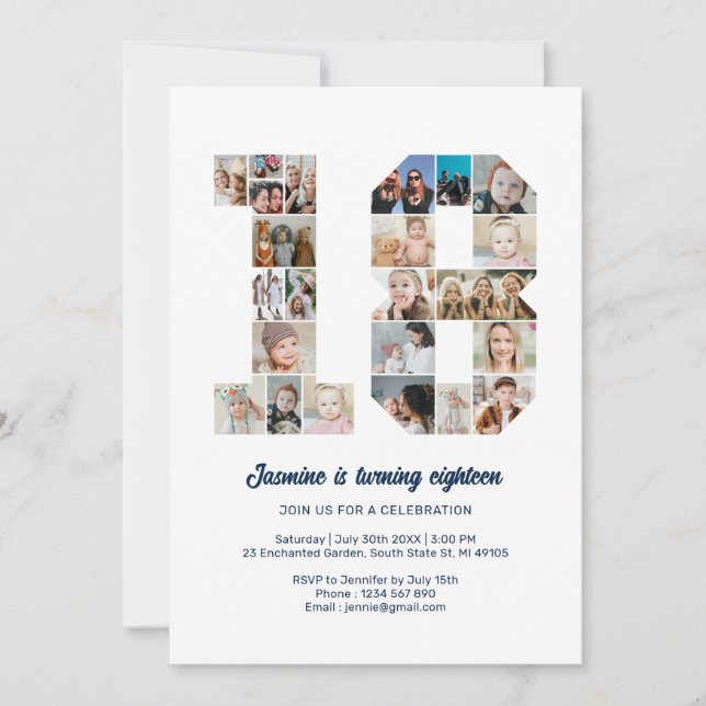 Invitation 18e anniversaire Numéro 18 Photo personnalisée Col (Devant)