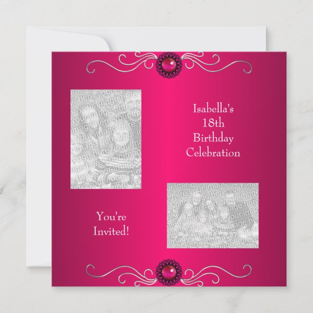 Invitation 18e anniversaire Photos Pink Silver Jewel Trim (Devant)