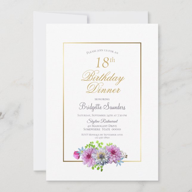 Invitation 18e anniversaire Pink Blue Floral Gold dîner front (Devant)