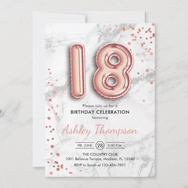 Invitation 18e anniversaire - Rose Gold Balloons effet marbre (Devant)