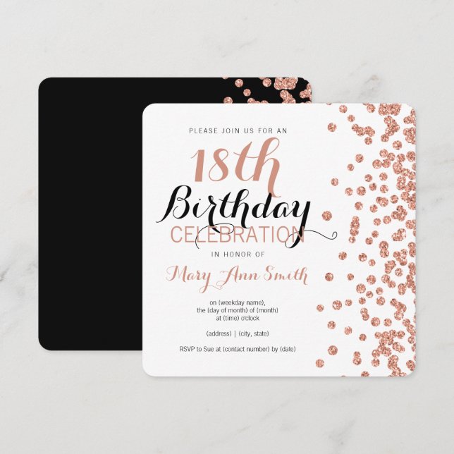 Invitation 18e anniversaire Rose Gold Faux Parties scintillan (Devant / Derrière)