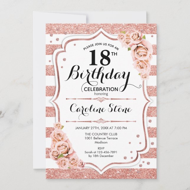 Invitation 18e anniversaire - Rose Gold White Stripes (Devant)
