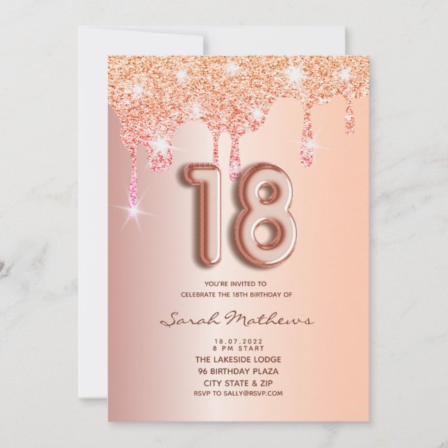 Invitation 18e anniversaire Rose Parties scintillant or Foil  (Devant)