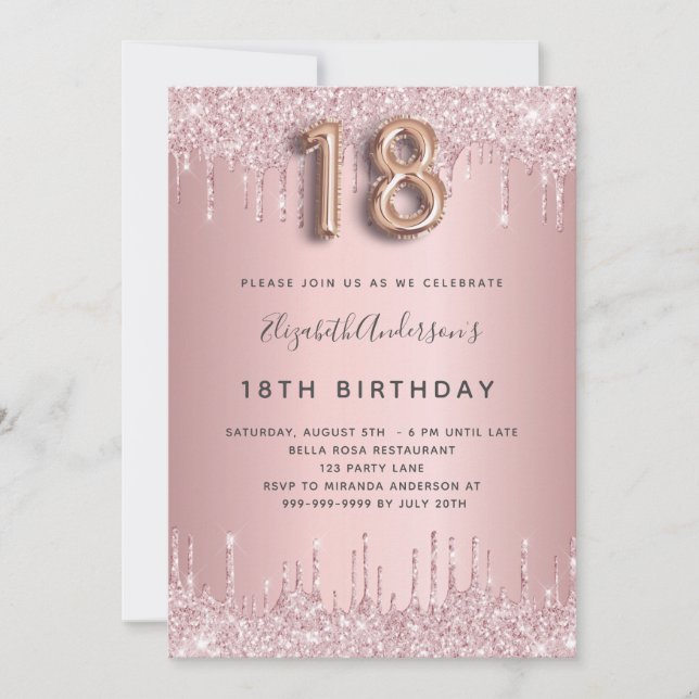 Invitation 18e anniversaire rose poussiéreux parties scintill (Devant)