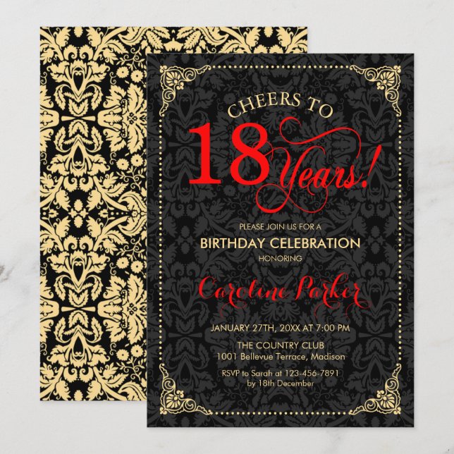 Invitation 18e anniversaire - Rouge Gold Black Damask (Devant / Derrière)
