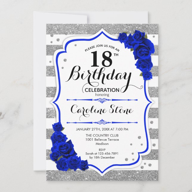Invitation 18e anniversaire - Royal Blue Silver White Stripes (Devant)