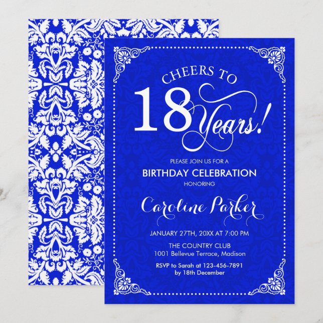 Invitation 18e anniversaire - Royal Blue White Damask (Devant / Derrière)