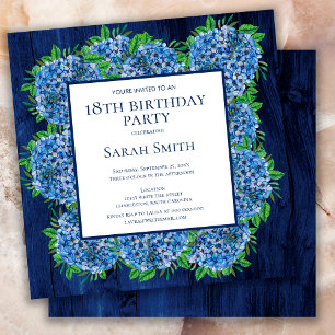 Invitation 18e anniversaire Rustic Wood Blue Hydrangeas Party