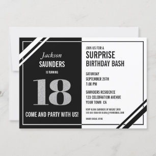 Invitation 18e anniversaire surprise Bash moderne noir et bla