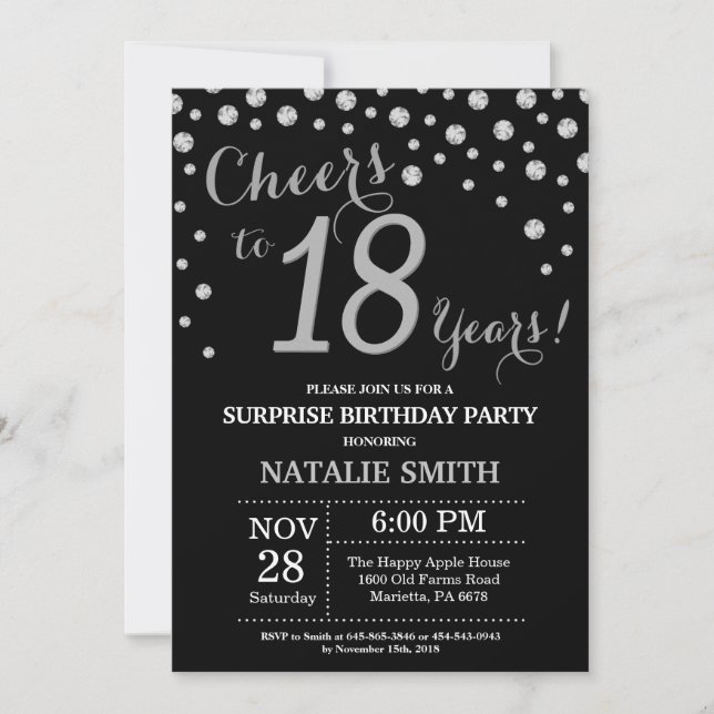 Invitation 18e anniversaire surprise Diamant noir et argent (Devant)
