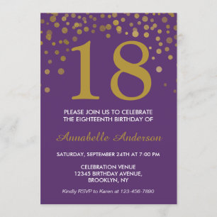 Invitation 18e anniversaire violet or Confetti Dot moderne ch