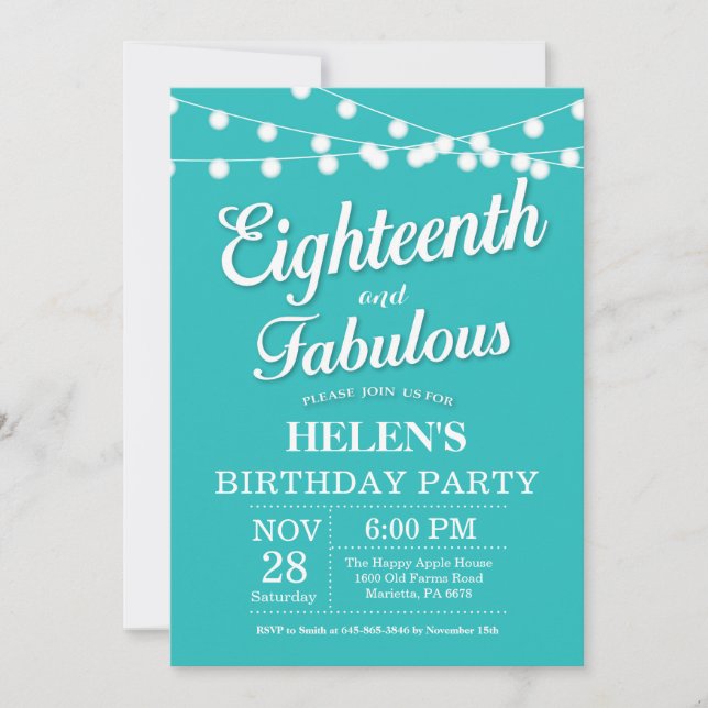Invitation 18e Birthday Invite aqua Turquoise Fabulous (Devant)