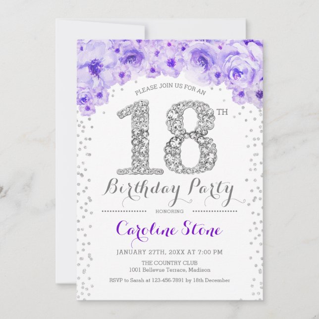 Invitation 18e fête d'anniversaire - Blanc Argent violet (Devant)