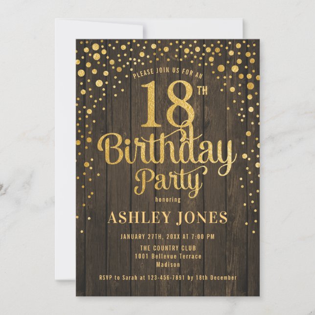 Invitation 18e fête d'anniversaire - Bois rustique & Or (Devant)