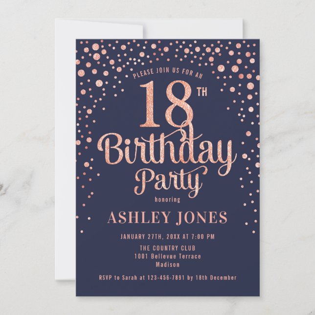 Invitation 18e fête d'anniversaire - Marine & Rose Gold (Devant)
