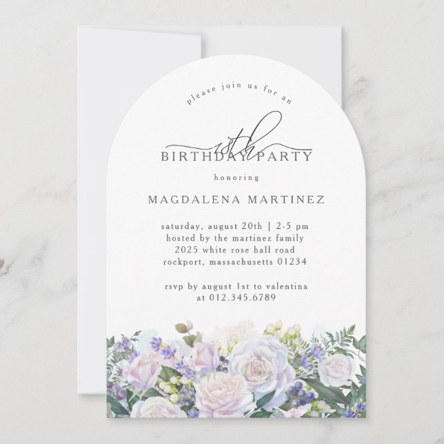 Invitation 18e fête d'anniversaire Rose blanche bleu floral (Devant)