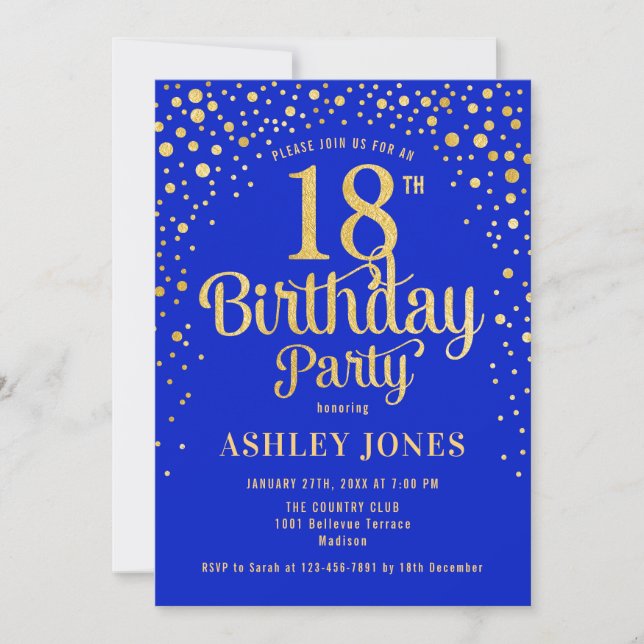 Invitation 18e fête d'anniversaire - Royal Blue & Gold (Devant)