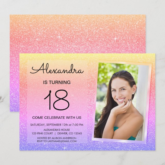 Invitation 18e Parties scintillant Sparkle Luxury Pink, Gold  (Devant / Derrière)