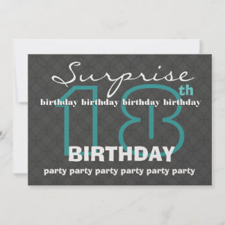 Invitation 18e SURPRISE Anniversaire Charbon Turquoise modern