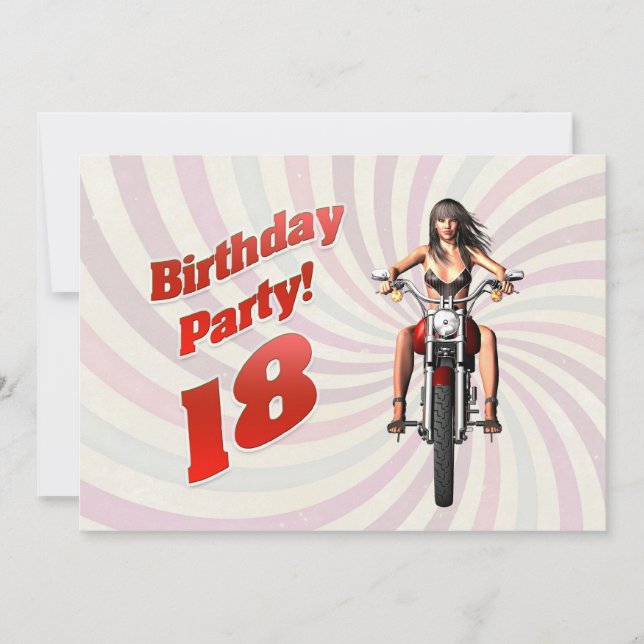 Invitation 18ème anniversaire avec une fille sur une moto (Devant)
