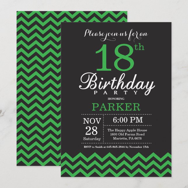 Invitation 18ème Chevron noir et vert d'invitation (Devant / Derrière)