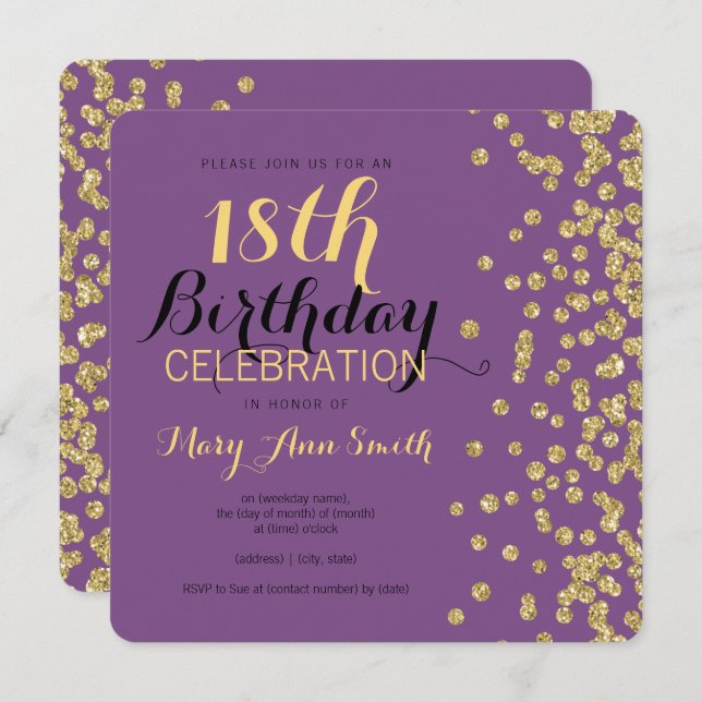 Invitation 18ème Pourpre de confettis de parties (Devant / Derrière)