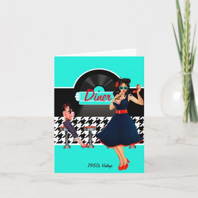 Invitation 1950 Diner turquoise noir & blanc à damiers rétro (Devant)