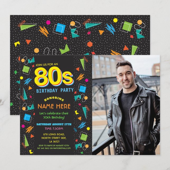 Invitation 1980's Birthday Party 80's photo (Devant / Derrière)