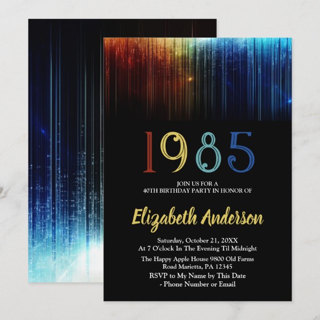 Invitation 1985 Retro 40e anniversaire fête personnalisable (Devant / Derrière)