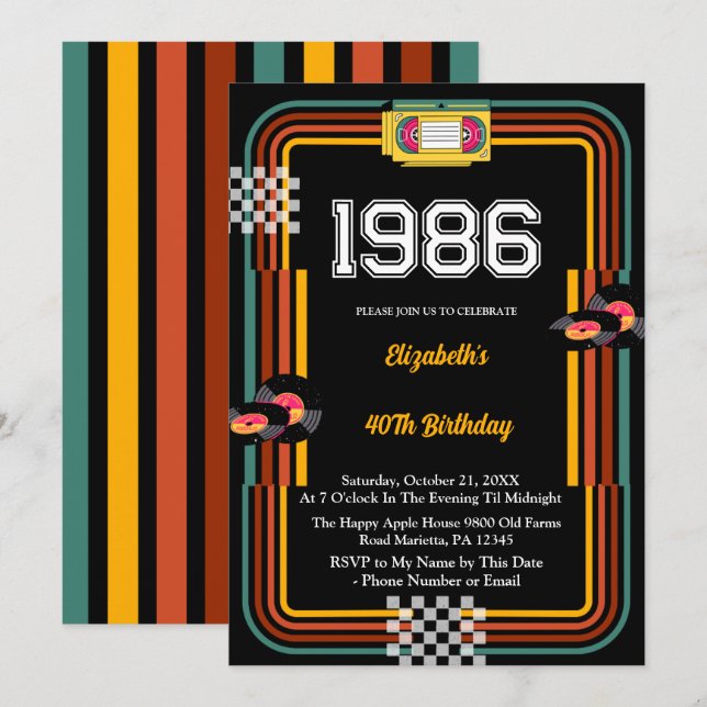Invitation 1986 Retro Cassette Disco 40th Birthday (Devant / Derrière)