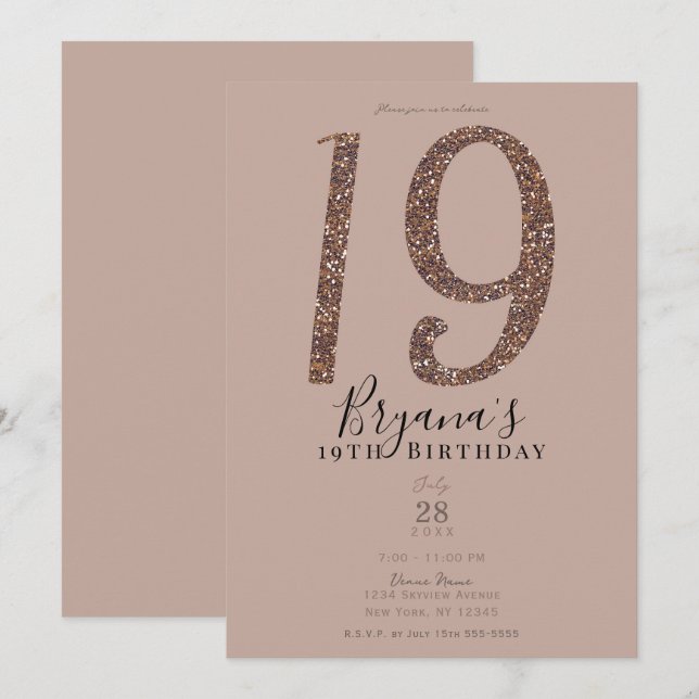 Invitation 19e 19 Anniversaire Rose rose Blush Parties scinti (Devant / Derrière)