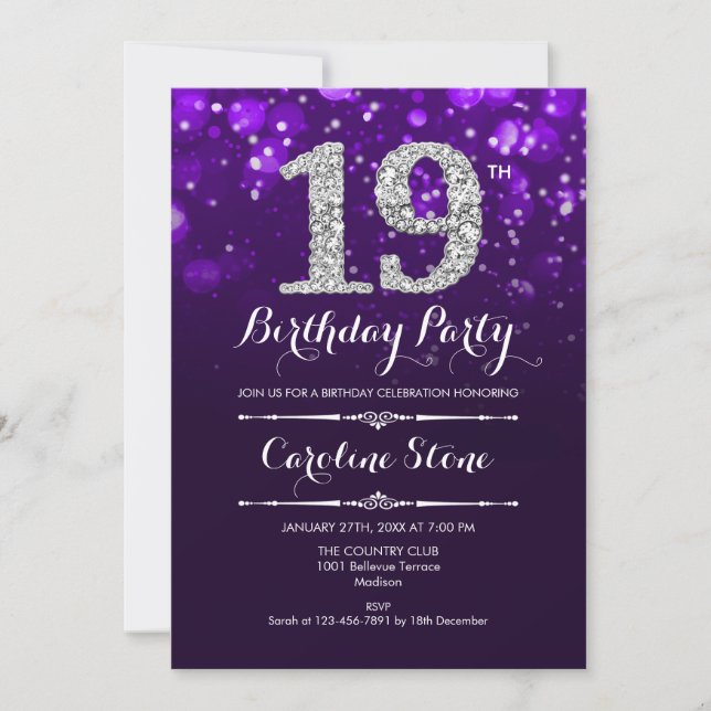 Invitation 19e anniversaire - Argent violet (Devant)