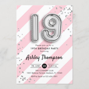Invitation 19e anniversaire - Ballons roses et Ballons d'arge