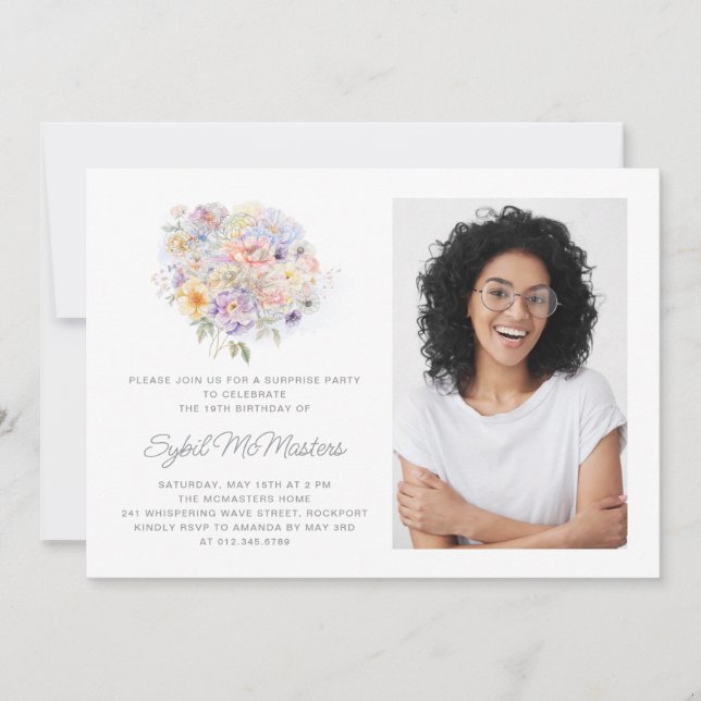 Invitation 19E Anniversaire Fleur Bouquet Photo Surprise (Devant)