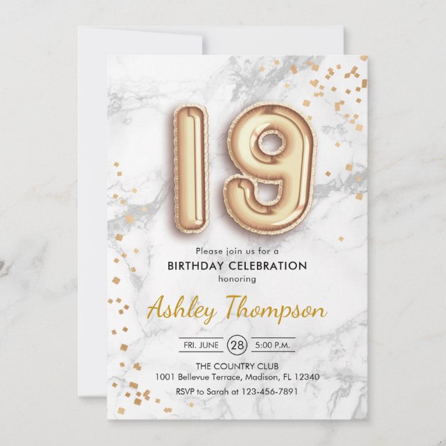 Invitation 19e anniversaire - Gold Balloons effet marbre (Devant)