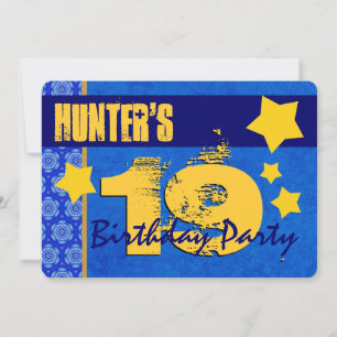 Invitation 19e anniversaire Moderne pour lui Bleu et Or W13B