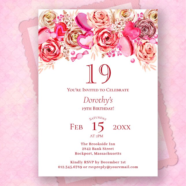 Invitation 19e anniversaire Valentine Rose Rose Coeur Tourbil (Créateur téléchargé)