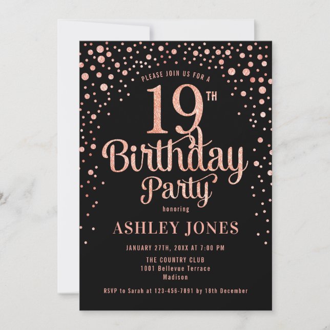 Invitation 19e fête d'anniversaire - Black & Rose Gold (Devant)