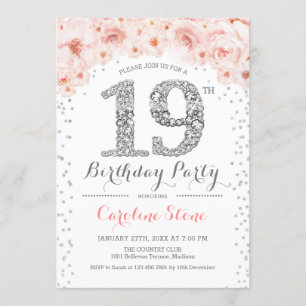 Invitation 19e fête d'anniversaire - Blanc Argent rose