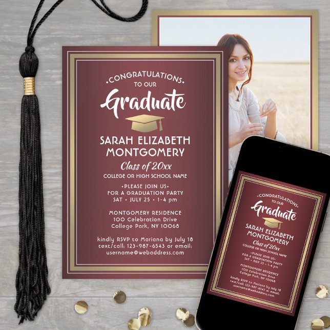 Invitation 1 Photo Elegant Bourgogne Red and Gold Graduation (Créateur téléchargé)