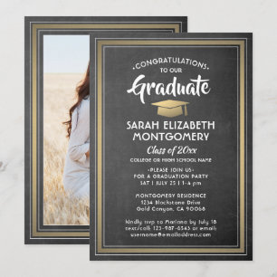 Invitation 1 Photo Elegant Chalkboard Black & Gold Graduation