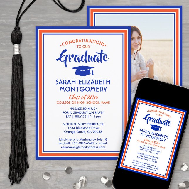 Invitation 1 Photo Elegant Félicitations Orange & Blue Gradua (Créateur téléchargé)