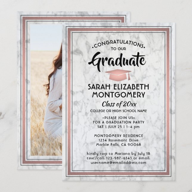 Invitation 1 Photo Elégant Marbre & Rose Gold Graduation (Devant / Derrière)