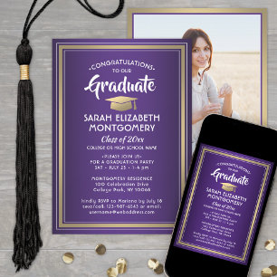 Invitation 1 Photo Elegant Purple Gold et White Graduation
