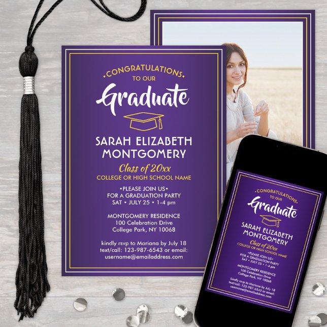 Invitation 1 Photo Elégant Purple Gold Yellow Graduation (Créateur téléchargé)