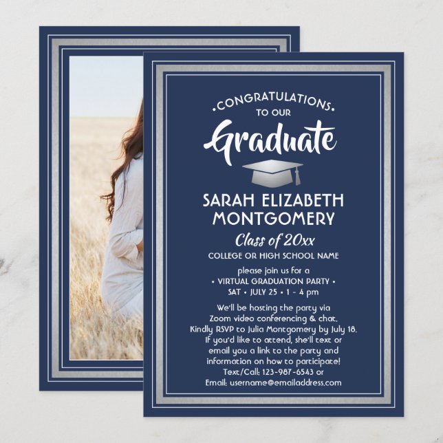Invitation 1 Photo Graduation virtuelle Marine Bleu Blanc Arg (Devant / Derrière)